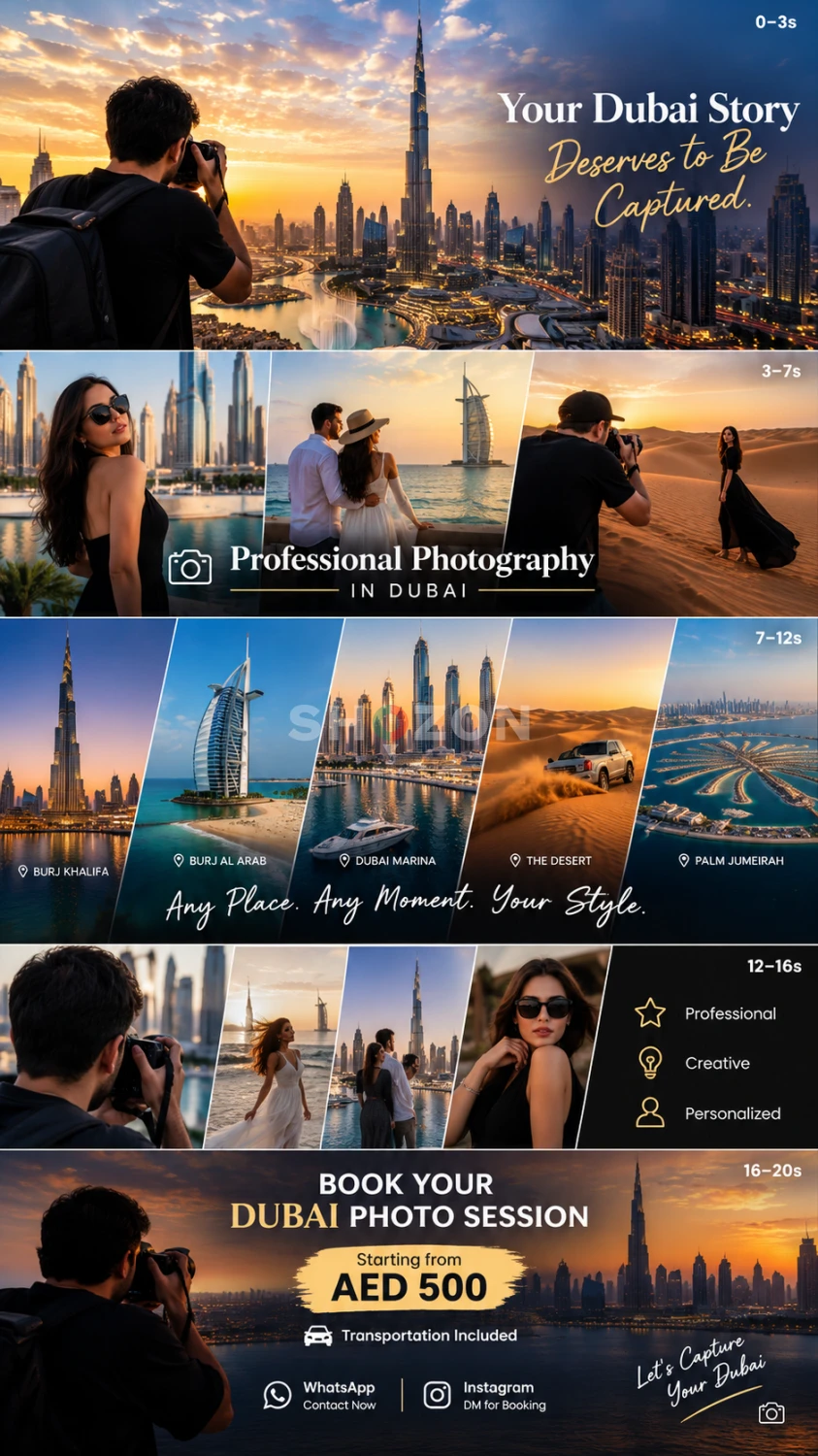 📍 Photography anywhere in Dubai 🏙️ Burj Khalifa | Burj Al Arab | Dubai Marina | Desert & more 🚗 Transportation included 📷 Professional high-quality photos 💰 Photography Session — AED 500