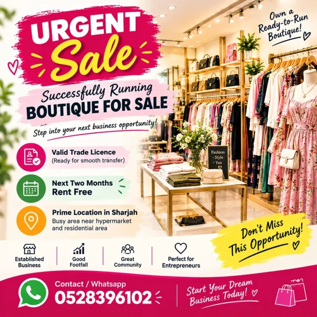 URGENT SALE – RUNNING BOUTIQUE IN SHARJAH | AED 65,000 (NEGOTIABLE)