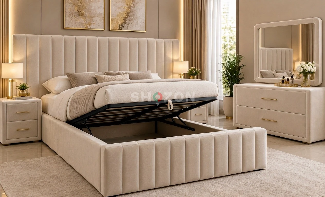 Modern Beige Storage Bed with Upholstered Headboard