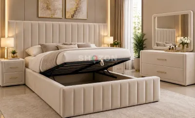 Modern Beige Storage Bed with Upholstered Headboard