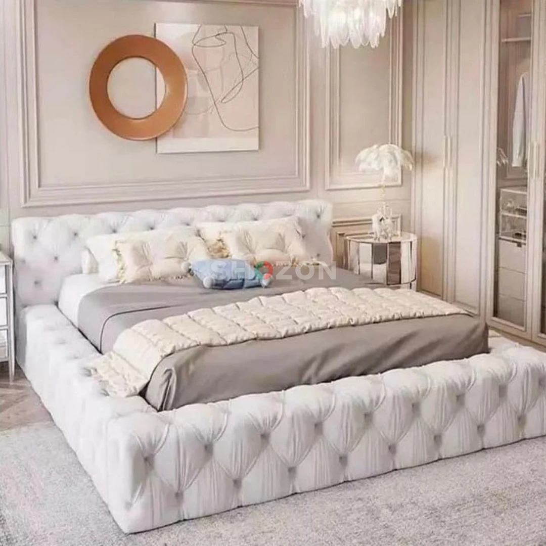 Serene Pearl Soft Velvet Upholstered Chesterfield Bed