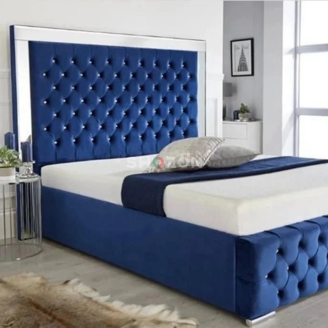 Chesterfield Midnight Blue High Headboard Velvet Bed	