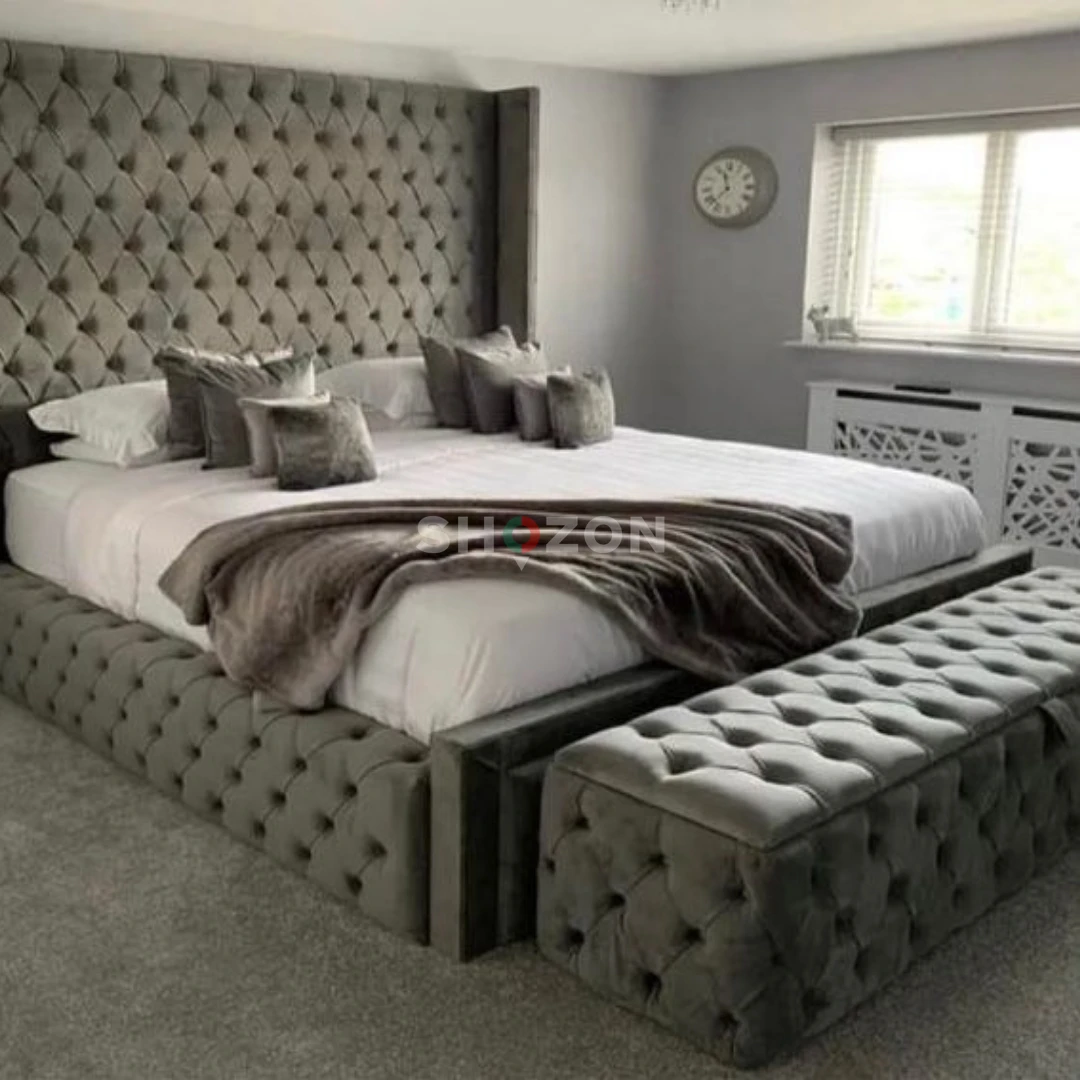 Chesterfield Forest Oak High Headboard Velvet Bed	