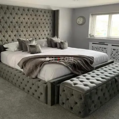 Chesterfield Forest Oak High Headboard Velvet Bed	