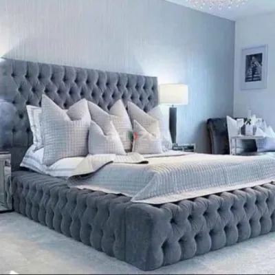 Slate Breeze Chesterfield High Headboard Velvet Tufted Bed	