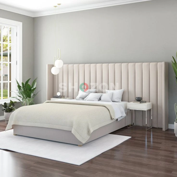 Lavender Gray Fabric Luxury Bed With Headboard	