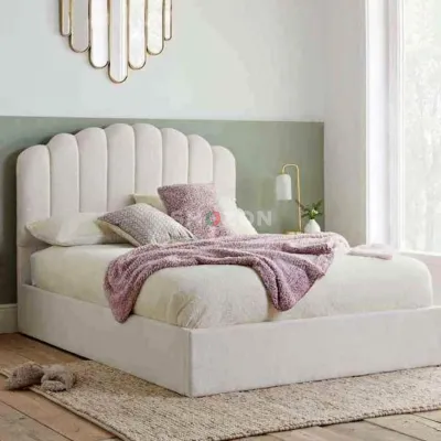 Elegant Off-White Velvet Upholstered Platform Bed	